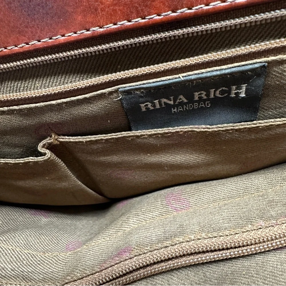 Vtg RinaRich Brown Leather Structured Satchel Handbag Top Handle Crossbody Purse